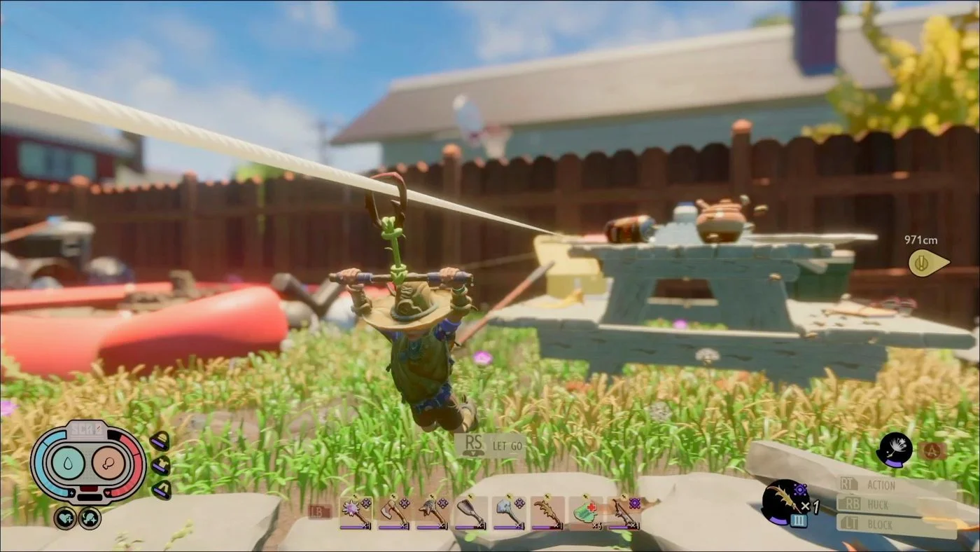 Grounded mod menu overlay showing creature ESP markers in tall grass backyard